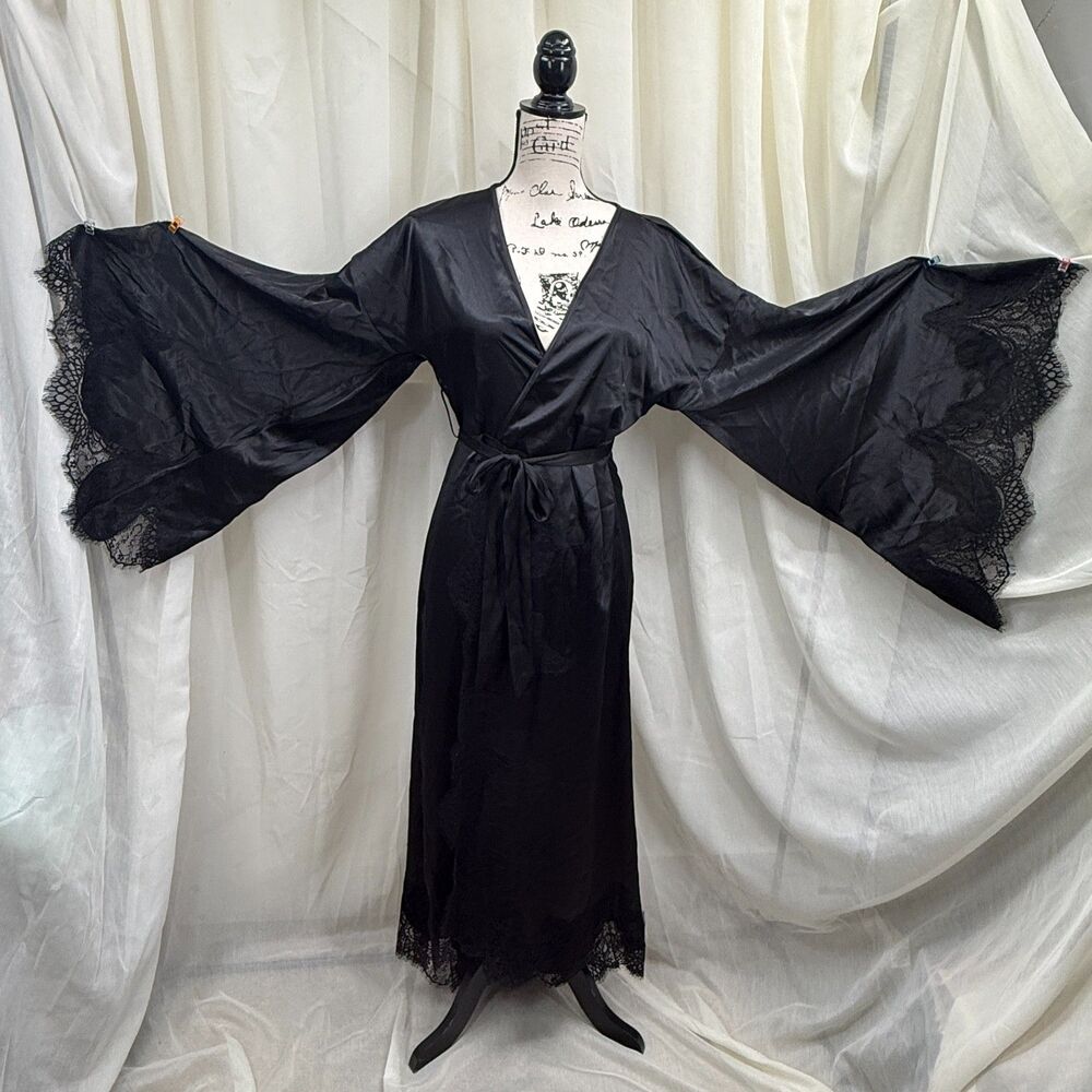 Black Gothic Kimono Robe Eyelash Lace Batwing Bell Sleeve Boudoir Loungewear SM